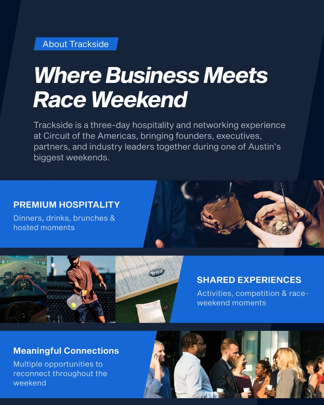 About Trackside: where business meets race weekend. Premium hospitality, shared experiences, meaningful connections.